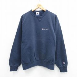 XL★古着 チャンピオン champion 長袖 スウェット メンズ 90年代 90s ワンポイントロゴ クルーネック 紺 ネイビー 25sep18 中古 スエット トレーナー トップス