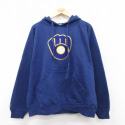 XL★古着 長袖 スウェット パーカー メンズ MLB ミルウォーキーブルワーズ 刺繍 大きいサイズ 紺 ネイビー メジャーリーグ ベースボール 野球 25sep19 中古 スエット トレーナー トップス