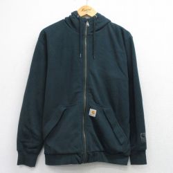 L★古着 カーハート Carhartt 長袖 フルジップ スウェット パーカー メンズ ワンポイントロゴ 緑系 グリーン 内側サーマル 【spe】 25sep19 中古 スエット トレーナー トップス