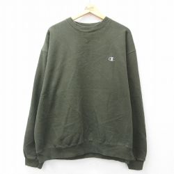 XL★古着 チャンピオン Champion 長袖 スウェット メンズ ワンポイントロゴ 大きいサイズ クルーネック 濃緑 グリーン 25sep19 中古 スエット トレーナー トップス