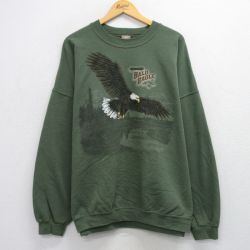 XL★古着 長袖 スウェット メンズ 鳥 大きいサイズ クルーネック 濃緑 グリーン 25sep24 中古 スエット トレーナー トップス