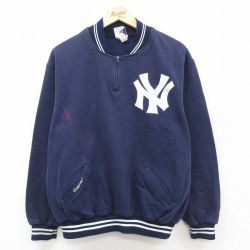L★古着 マジェスティック 長袖 ハーフジップ スウェット メンズ 90年代 90s MLB ニューヨークヤンキース USA製 紺 ネイビー メジャーリーグ ベースボール 野球 25sep20 中古 スエット トレーナー トップス