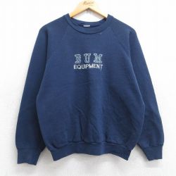 M★古着 長袖 スウェット メンズ 80年代 80s b.u.m equipment ビッグロゴ 刺繍 ラグラン クルーネック 紺 ネイビー 25sep22 中古 スエット トレーナー トップス