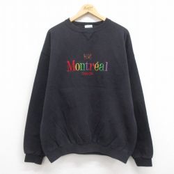 XL★古着 長袖 スウェット メンズ 90年代 90s モントリオール 刺繍 クルーネック カナダ製 黒 ブラック 25sep24 中古 スエット トレーナー トップス