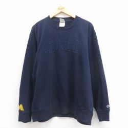 L★古着 チャンピオン champion 長袖 スウェット メンズ ミシガン 刺? クルーネック 紺 ネイビー 25sep24 中古 スエット トレーナー トップス