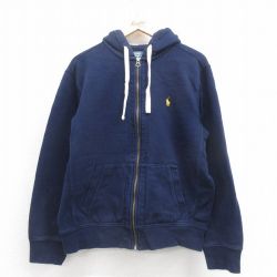 L★古着 ラルフローレン Ralph Lauren 長袖 ブランド フルジップ スウェット パーカー メンズ 90年代 90s ワンポイントロゴ 紺 ネイビー フード内側サーマル 【spe】 25sep25 中古 スエット トレーナー トップス