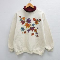 L★古着 長袖 スウェット メンズ 90年代 90s 葉 タートルネック ハイネック USA製 生成り他 25sep25 中古 スエット トレーナー トップス
