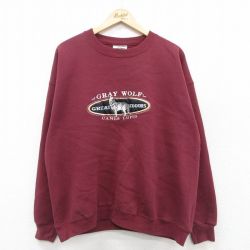 XL★古着 リー Lee 長袖 スウェット パーカー メンズ 90年代 90s オオカミ 刺繍 大きいサイズ クルーネック USA製 エンジ 25sep25 中古 スエット トレーナー トップス
