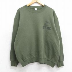 XL★古着 長袖 スウェット メンズ ミリタリー USMC クルーネック USA製 濃緑 グリーン 25sep25 中古 スエット トレーナー トップス