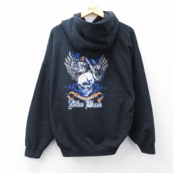 XL★古着 長袖 スウェット パーカー メンズ 00年代 00s バイク スカル 大きいサイズ 黒 ブラック 【spe】 25sep26 中古 スエット トレーナー トップス