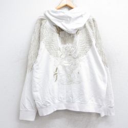 XL★古着 長袖 スウェット フルジップ パーカー メンズ 刺繍 ラグラン 大きいサイズ コットン 白他 ホワイト 25sep26 中古 スエット トレーナー トップス