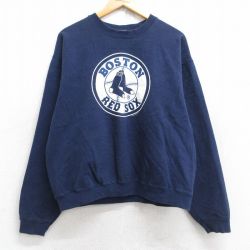 【20%OFF】L★古着 フルーツオブザルーム 長袖 スウェット メンズ 90年代 90s MLB ボストンレッドソックス クルーネック 紺 ネイビー メジャーリーグ ベースボール 野球 25sep26 中古 スエット トレーナー トップス