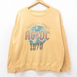 M★古着 長袖 ロック バンド スウェット メンズ AC/DC クルーネック 黄系 イエロー 25sep27 中古 スエット トレーナー トップス