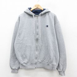 XL★古着 チャンピオン champion 長袖 スウェット フルジップ パーカー メンズ ワンポイントロゴ グレー 霜降り 25sep27 中古 スエット トレーナー トップス