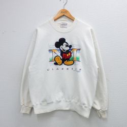 L★古着 長袖 スウェット メンズ 90年代 90s ディズニー ミッキー 刺繍 クルーネック USA製 白【spe】 26jan19