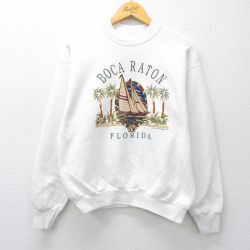 M★古着 フルーツオブザルーム 長袖 スウェット メンズ 90年代 90s ヨット ヤシの木 フロリダ クルーネック USA製 白 26jan27