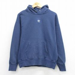 L★古着 アディダス adidas 長袖 スウェット パーカー メンズ ワンポイントロゴ リーフ トレフォイル 紺 26mar19