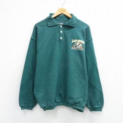 XL★古着 長袖 スウェット メンズ 90年代 90s LAKE GEORGE 襟付き コットン USA製 緑 26mar21
