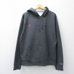 XL★古着 チャンピオン Champion 長袖 スウェット パーカー メンズ ビッグロゴ 濃グレー 霜降り 26mar21
