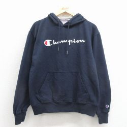 L★古着 チャンピオン champion 長袖 スウェット パーカー メンズ ビッグロゴ 紺 26mar21