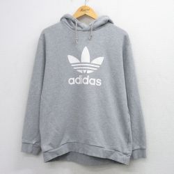 L★古着 アディダス adidas 長袖 スウェット パーカー メンズ ビッグロゴ リーフ トレフォイル グレー 霜降り 26mar23