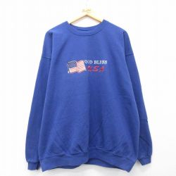 XL★古着 長袖 スウェット メンズ 00年代 00s GOD BLESS 星条旗 刺繍 大きいサイズ クルーネック 青 26mar24