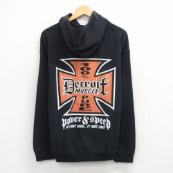 L★古着 長袖 スウェット パーカー メンズ Detroit MUSCLE ブリーチ 黒 26mar24