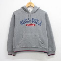 L★古着 長袖 スウェット パーカー メンズ コカコーラ 刺繍 ショート丈 グレー 霜降り他 26mar24