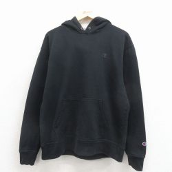 L★古着 チャンピオン champion 長袖 スウェット パーカー メンズ ワンポイントロゴ 黒 26mar24