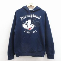 M★古着 長袖 スウェット パーカー メンズ ディズニー ミッキー 濃紺 26mar24