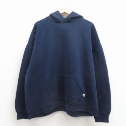 XL★古着 ラッセル 長袖 スウェット パーカー メンズ 無地 大きいサイズ 紺 26mar24