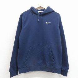 M★古着 ナイキ NIKE 長袖 スウェット パーカー メンズ ワンポイントロゴ 薄紺 26mar24