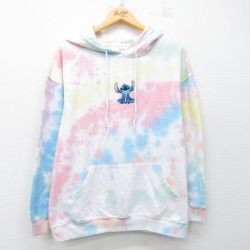 L★古着 長袖 スウェット パーカー メンズ ディズニー ステッチ 刺繍 白他 タイダイ 26mar26