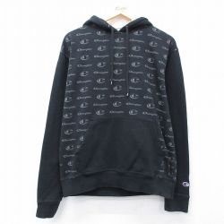 XL★古着 チャンピオン Champion 長袖 スウェット パーカー メンズ ワンポイントロゴ 総柄 黒 26mar27