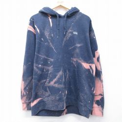 XL★古着 バンズ VANS 長袖 スウェット パーカー メンズ ワンポイントロゴ 紺 ブリーチ加工 26mar27