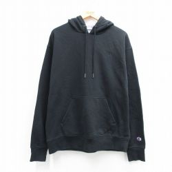 XL★古着 チャンピオン champion 長袖 スウェット パーカー メンズ ワンポイントロゴ 黒 26mar28
