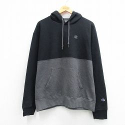 L★古着 チャンピオン champion 長袖 スウェット パーカー メンズ ワンポイントロゴ ツートンカラー 黒他 26mar28