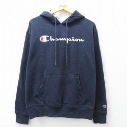 L★古着 チャンピオン champion 長袖 スウェット パーカー メンズ ビッグロゴ 紺 26mar28