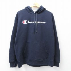 XL★古着 チャンピオン champion 長袖 スウェット パーカー メンズ ビッグロゴ 紺 26mar28