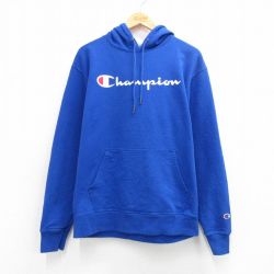 チャンピオン 長袖スウェットパーカー ビッグロゴ ブルー M | 古着