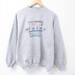 【50%OFF】XL★古着 長袖 スウェット メンズ 00年代 00s 船 国旗 クルーネック グレー 霜降り 23nov14 中古 スエット トレーナー トップス