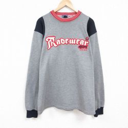 XL★古着 長袖 スウェット メンズ 刺繍 大きいサイズ ラグラン クルーネック グレー 霜降り 23dec28 中古 スエット トレーナー トップス