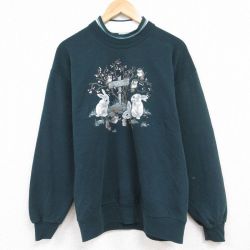 L★古着 長袖 スウェット メンズ 90年代 90s ウサギ 木 クルーネック USA製 濃緑 グリーン 24jan06 中古 スエット トレーナー トップス