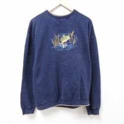 【50%OFF】XL★古着 長袖 スウェット メンズ 00年代 00s 魚 刺繍 大きいサイズ クルーネック 紺 ネイビー 24jan09 中古 スエット トレーナー トップス