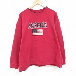XL★古着 長袖 スウェット メンズ 星条旗 刺繍 大きいサイズ クルーネック エンジ 24jan10 中古 スエット トレーナー トップス