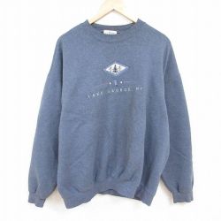 【50%OFF】XL★古着 長袖 スウェット メンズ 00年代 00s ジョージ湖 ニューヨーク 刺繍 大きいサイズ クルーネック グレー 霜降り 24jan13 中古 スエット トレーナー トップス