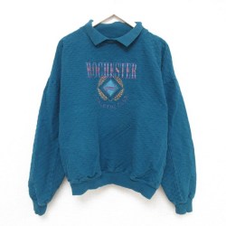 XL★古着 長袖 スウェット メンズ 90年代 90s ロチェスター 刺繍 大きいサイズ コットン 襟付き USA製 濃緑 グリーン 24jan17 中古 スエット トレーナー トップス