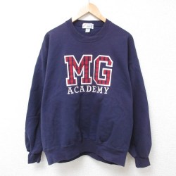XL★古着 長袖 スウェット メンズ 90年代 90s MG ACADEMY 刺繍 クルーネック USA製 紺 ネイビー 24jan19 中古 スエット トレーナー トップス