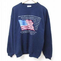 XL★古着 長袖 スウェット メンズ 00年代 00s 星条旗 メッセージ クルーネック 紺 ネイビー 24jan25 中古 スエット トレーナー トップス