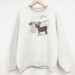 M★古着 長袖 スウェット メンズ シカ 刺繍 クルーネック 薄グレー 霜降り 24jan25 中古 スエット トレーナー トップス